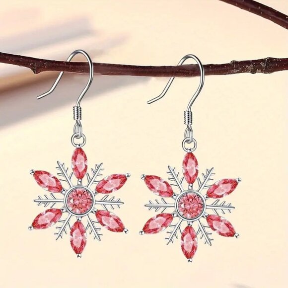 Christmas and Holiday Creative Red and Silver Shiny Snowflake Earrings - Picture 1 of 2